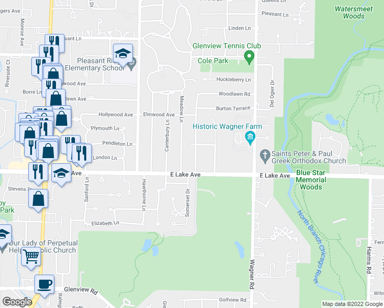 map of restaurants, bars, coffee shops, grocery stores, and more near 1430 Brandon Road in Glenview