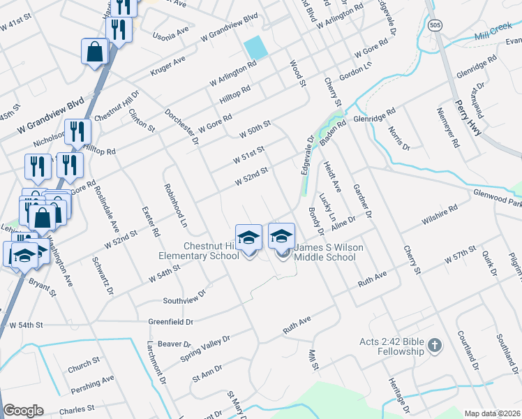 map of restaurants, bars, coffee shops, grocery stores, and more near 5302 Castlewood Ct in Erie