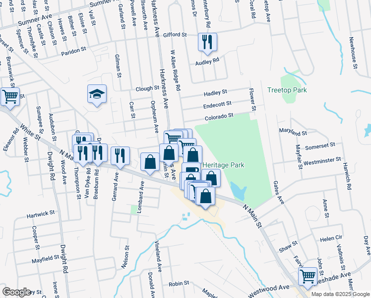 map of restaurants, bars, coffee shops, grocery stores, and more near 19 Anthony Drive in East Longmeadow