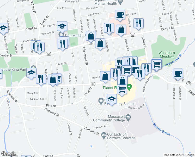 map of restaurants, bars, coffee shops, grocery stores, and more near 27 Elmer Street in Brockton