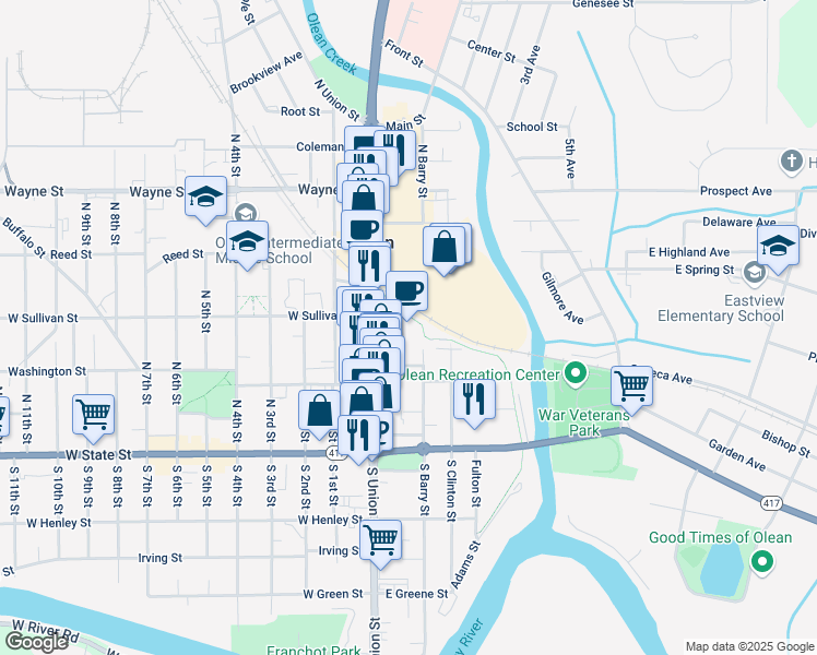 map of restaurants, bars, coffee shops, grocery stores, and more near 260 North Union Street in Olean