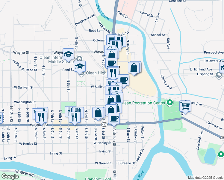 map of restaurants, bars, coffee shops, grocery stores, and more near 265 North Union Street in Olean