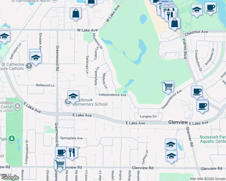 map of restaurants, bars, coffee shops, grocery stores, and more near 1430 Monterey Drive in Glenview
