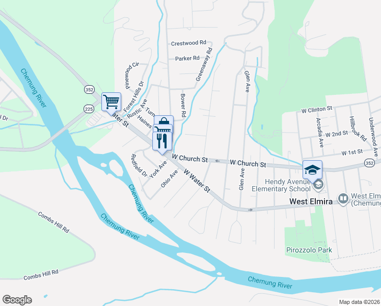 map of restaurants, bars, coffee shops, grocery stores, and more near 1720 W Church St in Elmira