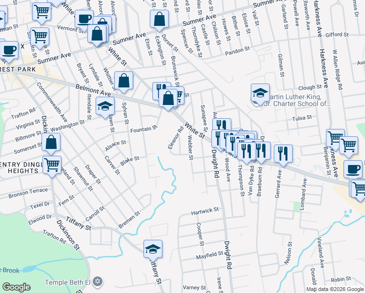 map of restaurants, bars, coffee shops, grocery stores, and more near 42 Ruskin Street in Springfield