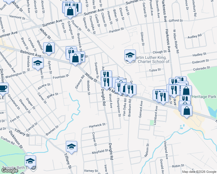 map of restaurants, bars, coffee shops, grocery stores, and more near 665 North Main Street in East Longmeadow