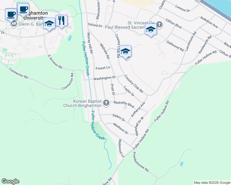 map of restaurants, bars, coffee shops, grocery stores, and more near 4601 Duke Dr in Vestal