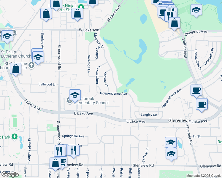 map of restaurants, bars, coffee shops, grocery stores, and more near 1416 Midway Lane in Glenview