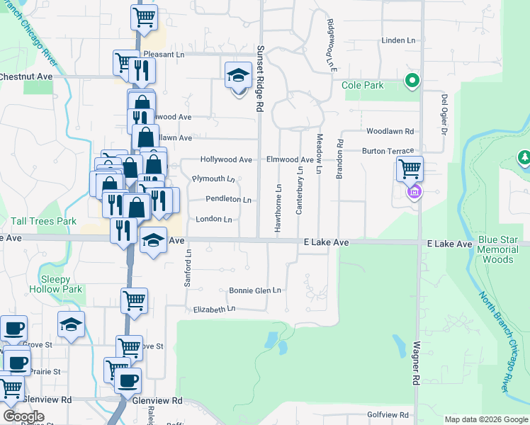 map of restaurants, bars, coffee shops, grocery stores, and more near 1437 Sunset Ridge Road in Glenview