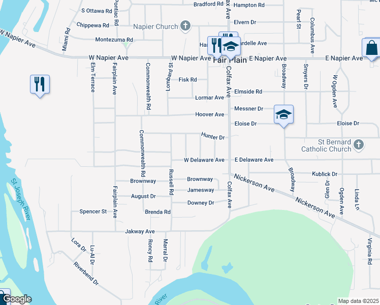 map of restaurants, bars, coffee shops, grocery stores, and more near 235 West Delaware Avenue in Benton Harbor