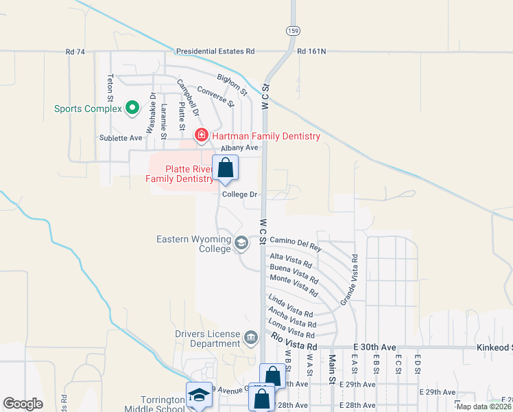 map of restaurants, bars, coffee shops, grocery stores, and more near 3298 West C Street in Torrington