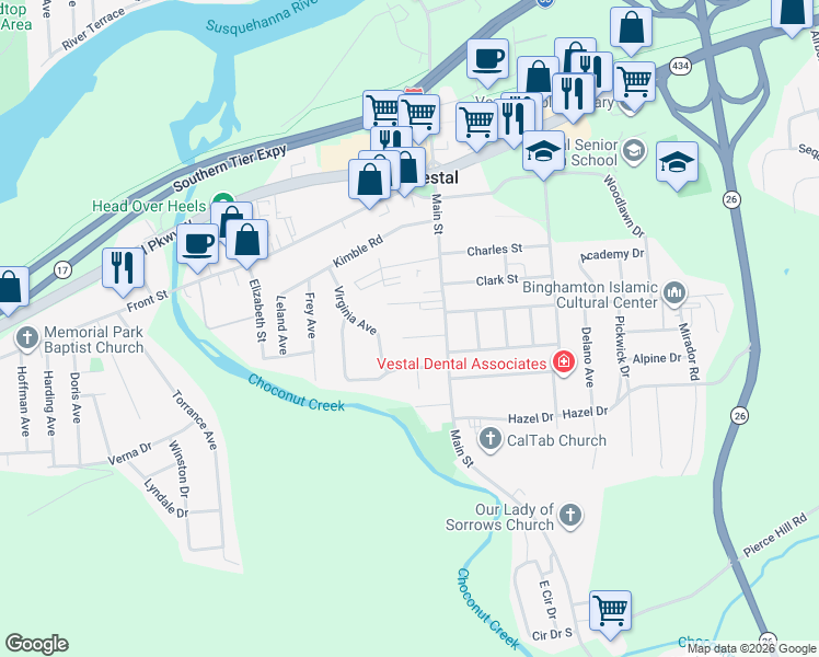 map of restaurants, bars, coffee shops, grocery stores, and more near 116 George St in Vestal