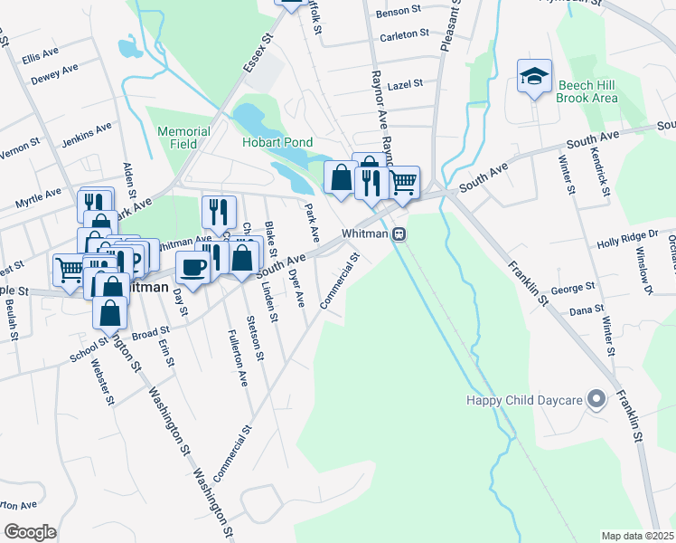map of restaurants, bars, coffee shops, grocery stores, and more near 325 Commercial Street in Whitman