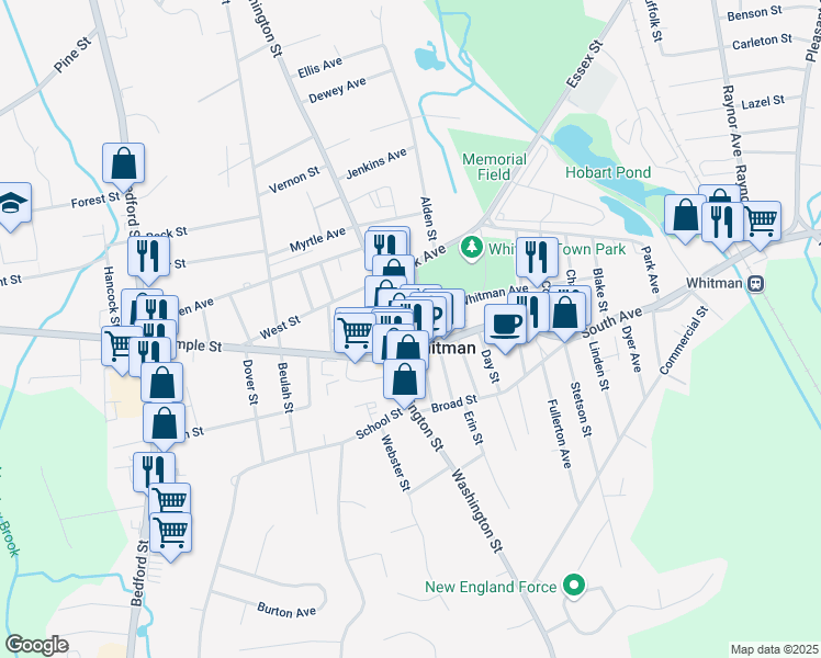 map of restaurants, bars, coffee shops, grocery stores, and more near 26 South Avenue in Whitman