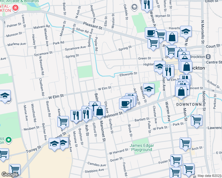 map of restaurants, bars, coffee shops, grocery stores, and more near 276 West Elm Street in Brockton