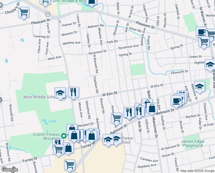 map of restaurants, bars, coffee shops, grocery stores, and more near 14 Auna Drive in Brockton