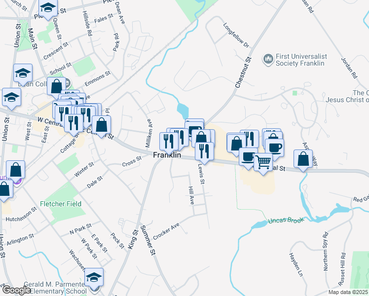 map of restaurants, bars, coffee shops, grocery stores, and more near 209 East Central Street in Franklin