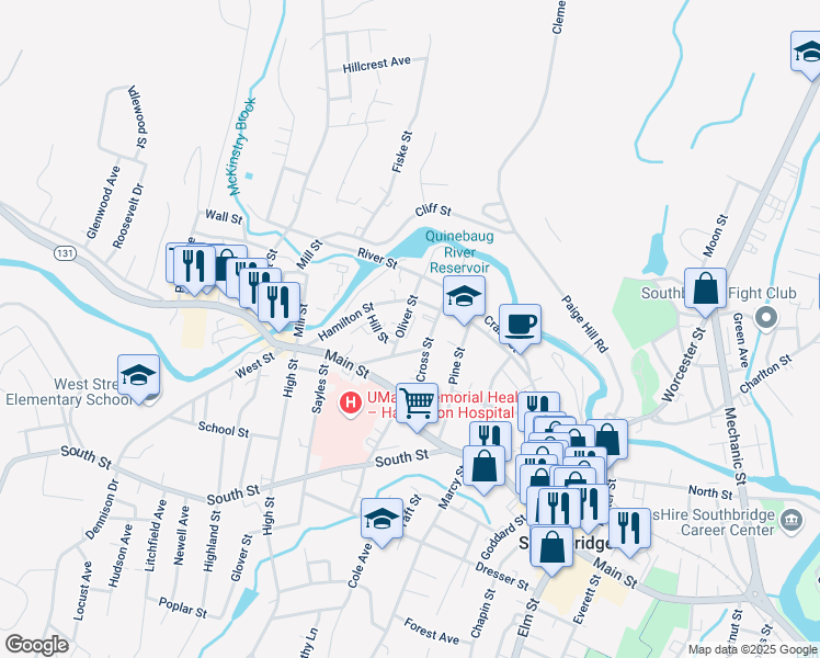 map of restaurants, bars, coffee shops, grocery stores, and more near 70 Oliver Street in Southbridge