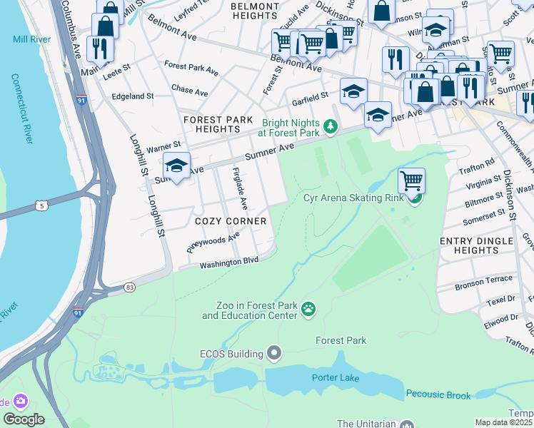 map of restaurants, bars, coffee shops, grocery stores, and more near 151 Pineywoods Avenue in Springfield