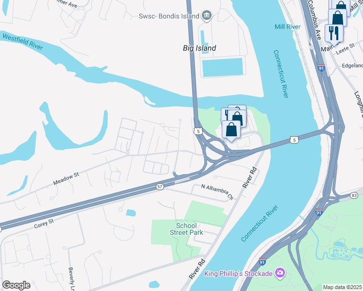map of restaurants, bars, coffee shops, grocery stores, and more near 485 Meadow Street in Agawam