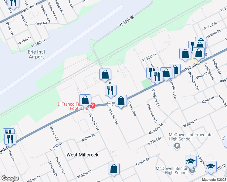 map of restaurants, bars, coffee shops, grocery stores, and more near 2505 Powell Avenue in Erie