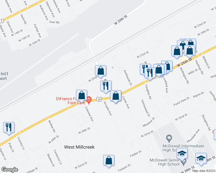map of restaurants, bars, coffee shops, grocery stores, and more near 2505 Powell Avenue in Erie