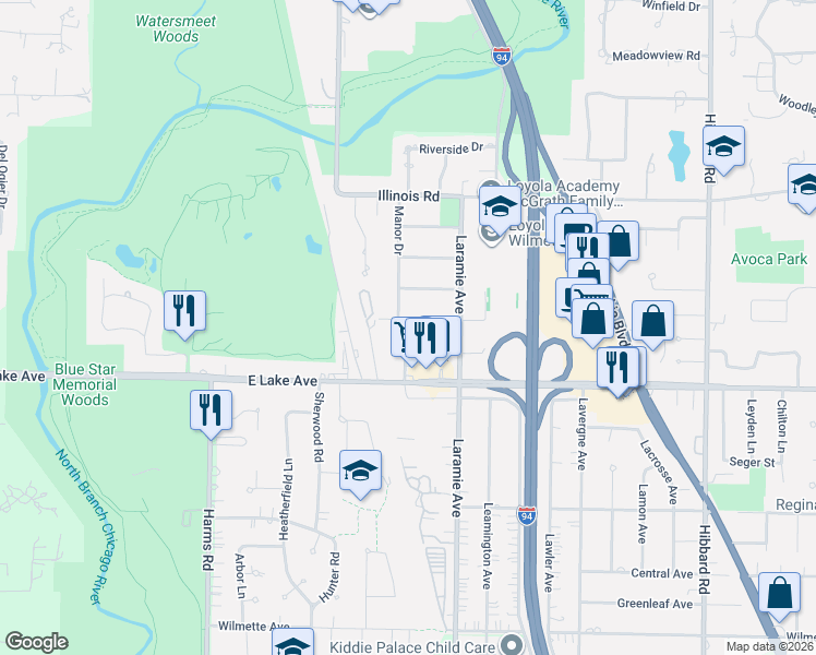 map of restaurants, bars, coffee shops, grocery stores, and more near 934 Manor Drive in Wilmette