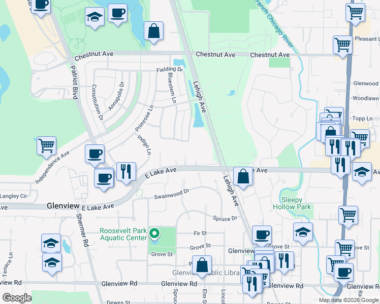 map of restaurants, bars, coffee shops, grocery stores, and more near 2128a Rugen Lane in Glenview