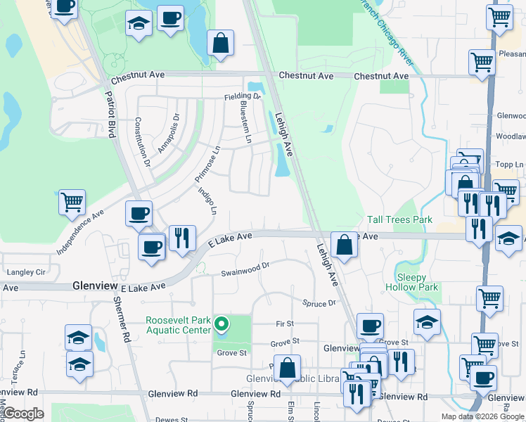 map of restaurants, bars, coffee shops, grocery stores, and more near 2128a Rugen Lane in Glenview