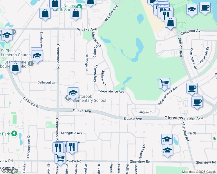 map of restaurants, bars, coffee shops, grocery stores, and more near 1416 Midway Lane in Glenview