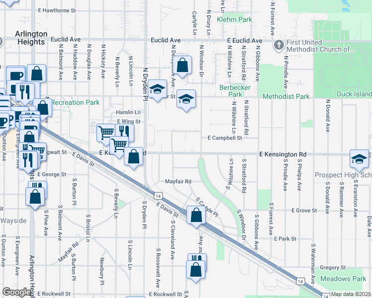 map of restaurants, bars, coffee shops, grocery stores, and more near 1214 East Kensington Road in Arlington Heights