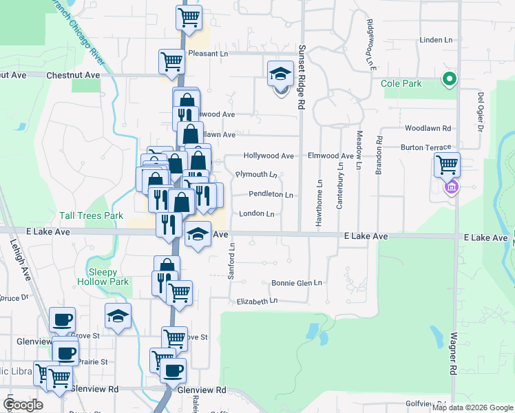 map of restaurants, bars, coffee shops, grocery stores, and more near 1400 London Lane in Glenview