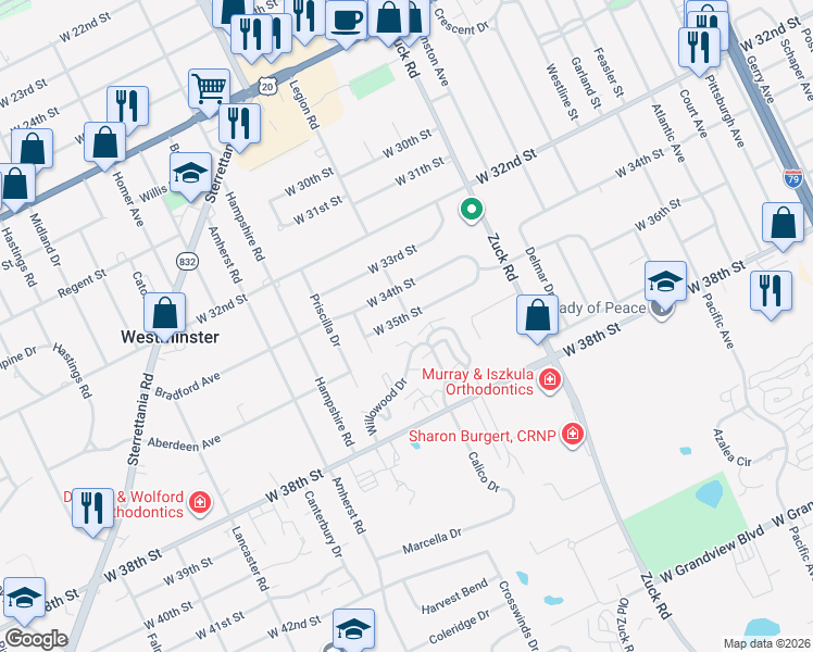 map of restaurants, bars, coffee shops, grocery stores, and more near 2835 W 35th St in Erie