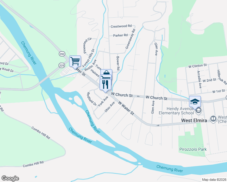 map of restaurants, bars, coffee shops, grocery stores, and more near 1806 West Water Street in Elmira