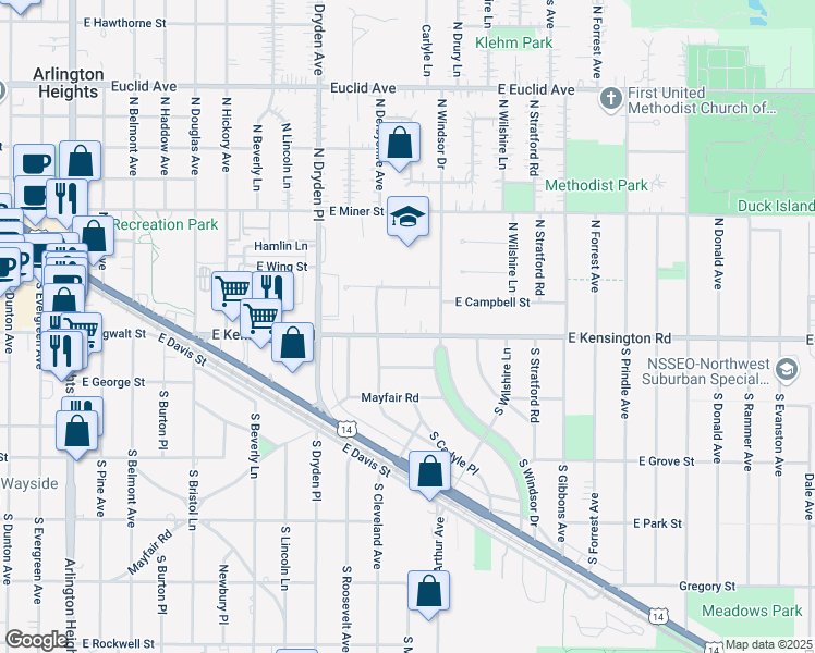 map of restaurants, bars, coffee shops, grocery stores, and more near 1214 East Kensington Road in Arlington Heights
