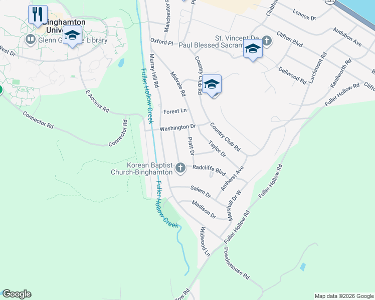 map of restaurants, bars, coffee shops, grocery stores, and more near 4601 Duke Drive in Vestal