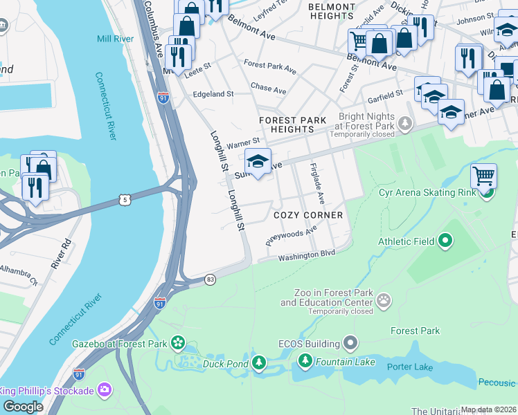 map of restaurants, bars, coffee shops, grocery stores, and more near 35 Spruceland Avenue in Springfield