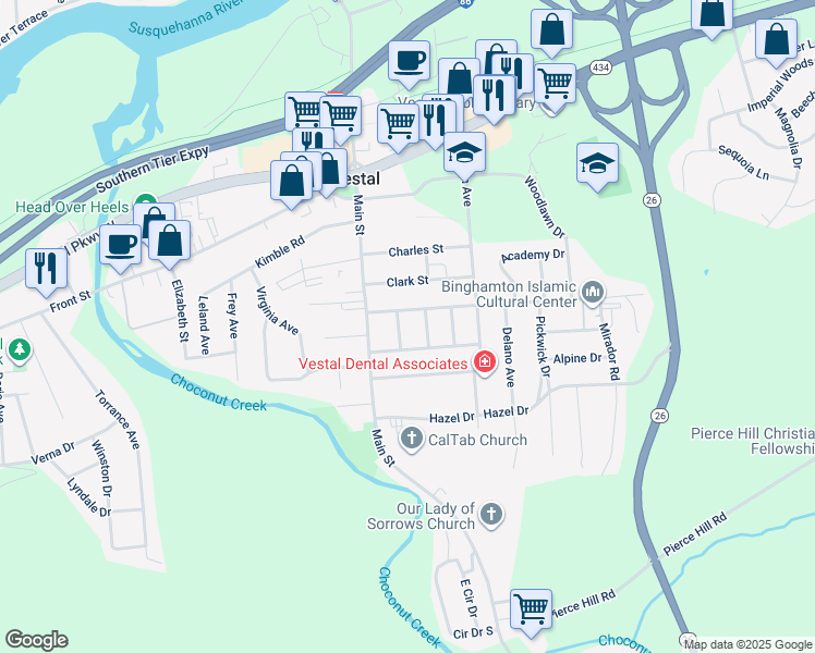 map of restaurants, bars, coffee shops, grocery stores, and more near 405 Colonial Avenue in Vestal