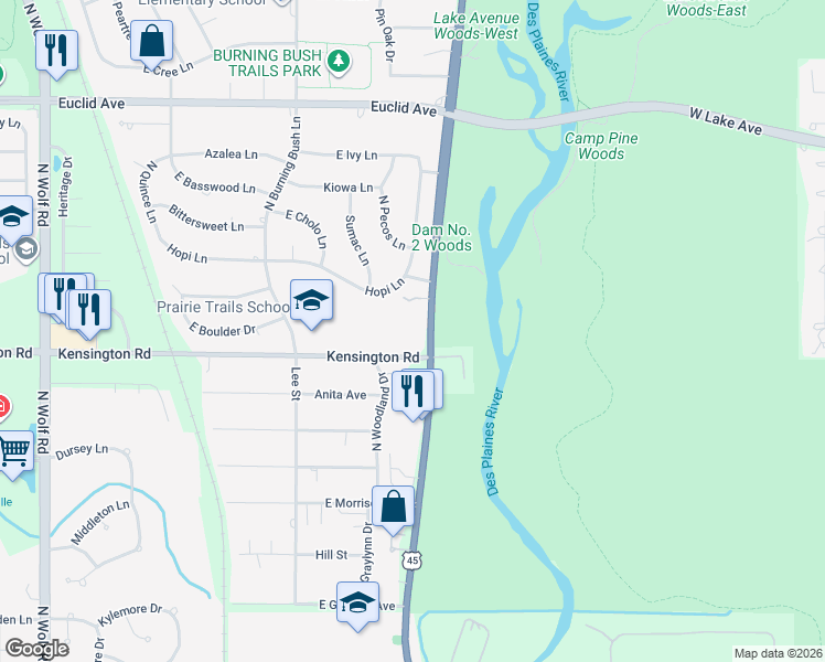 map of restaurants, bars, coffee shops, grocery stores, and more near 804 North River Road in Mount Prospect