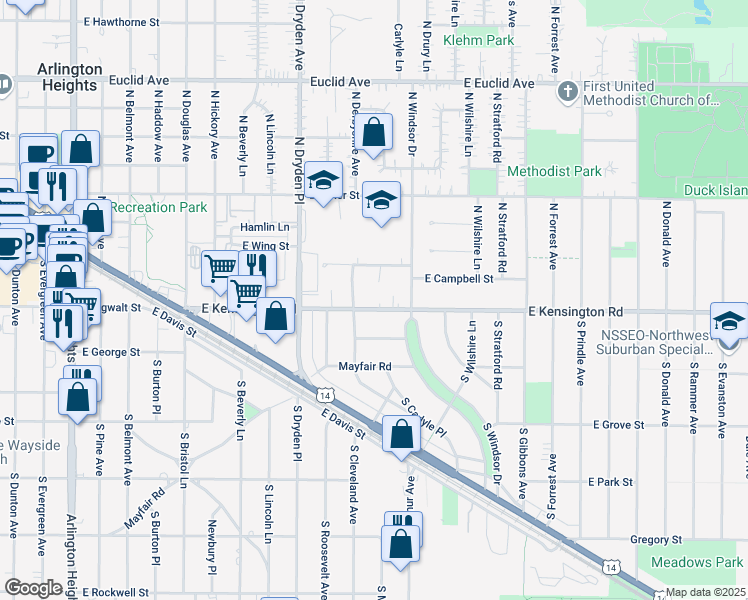 map of restaurants, bars, coffee shops, grocery stores, and more near 1214 East Kensington Road in Arlington Heights