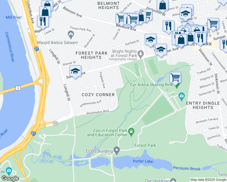 map of restaurants, bars, coffee shops, grocery stores, and more near 169 Pineywoods Avenue in Springfield