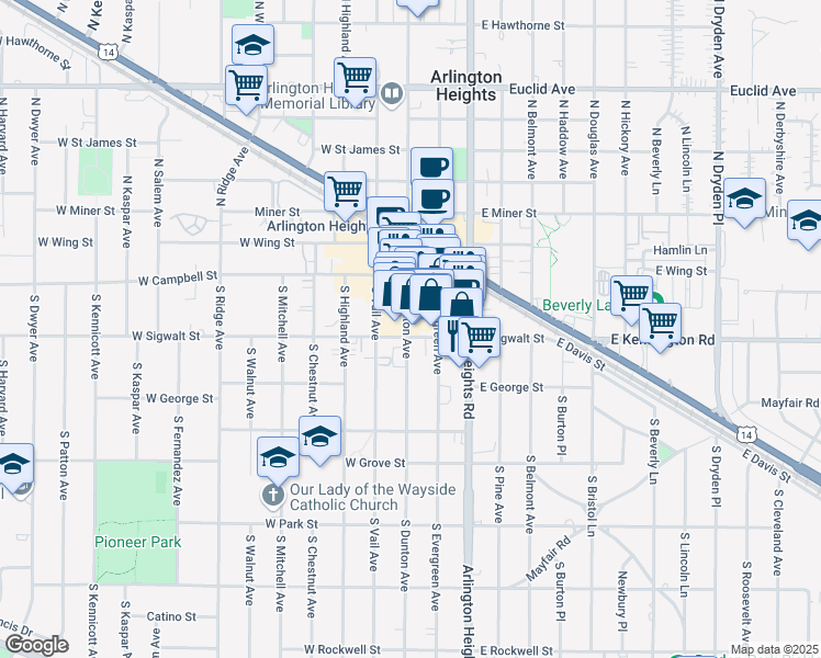 map of restaurants, bars, coffee shops, grocery stores, and more near 41 South Dunton Avenue in Arlington Heights