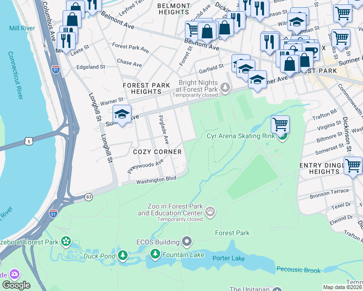 map of restaurants, bars, coffee shops, grocery stores, and more near 169 Pineywoods Avenue in Springfield