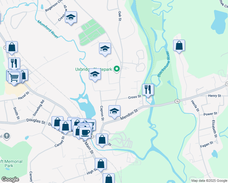 map of restaurants, bars, coffee shops, grocery stores, and more near 25 Fair Street in Uxbridge
