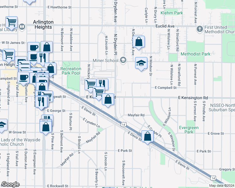 map of restaurants, bars, coffee shops, grocery stores, and more near 15 South Dryden Place in Arlington Heights