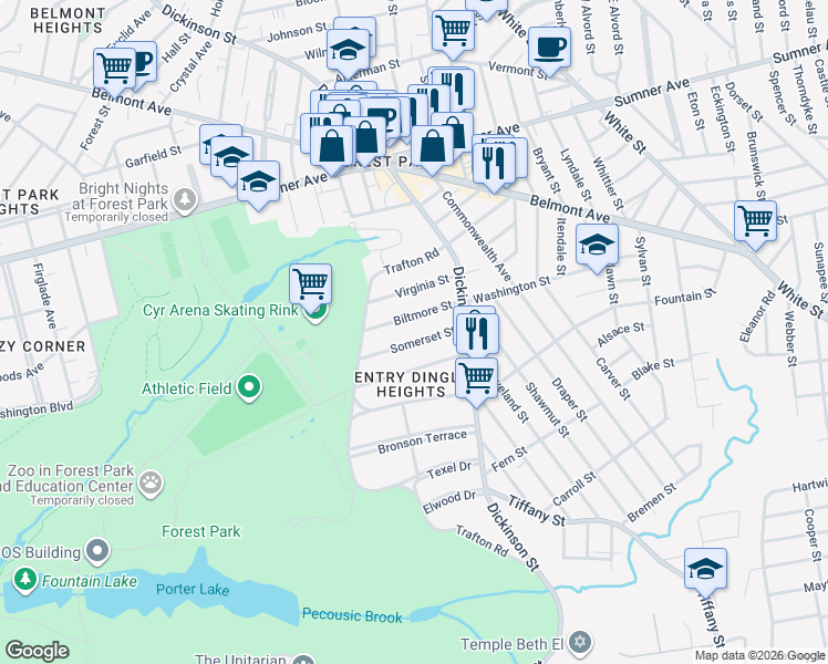map of restaurants, bars, coffee shops, grocery stores, and more near 52 Somerset Street in Springfield