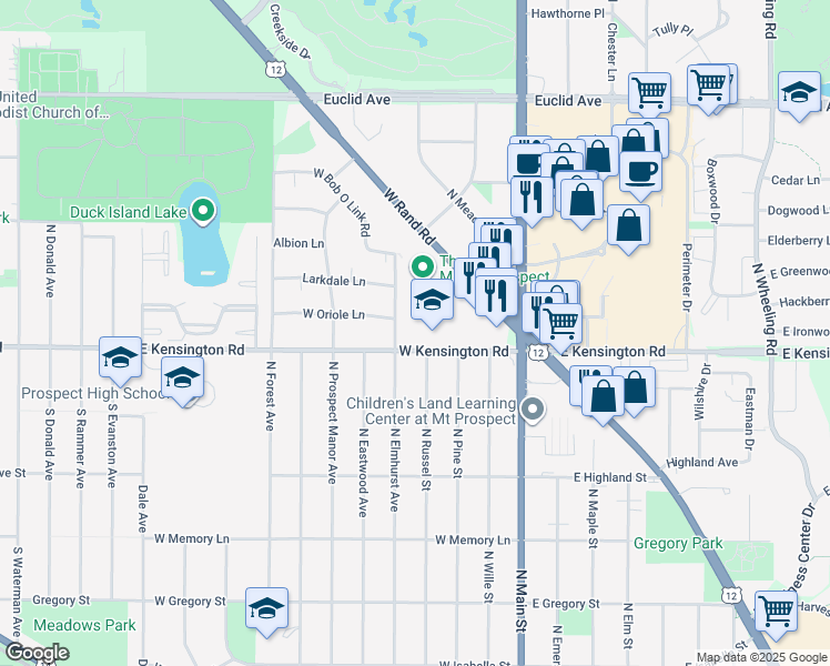 map of restaurants, bars, coffee shops, grocery stores, and more near in Mount Prospect