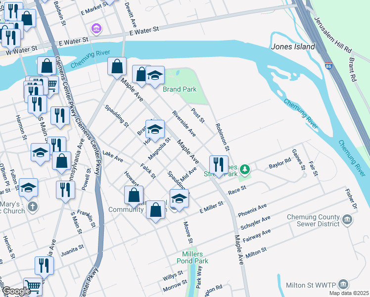map of restaurants, bars, coffee shops, grocery stores, and more near 346 Home Street in Elmira