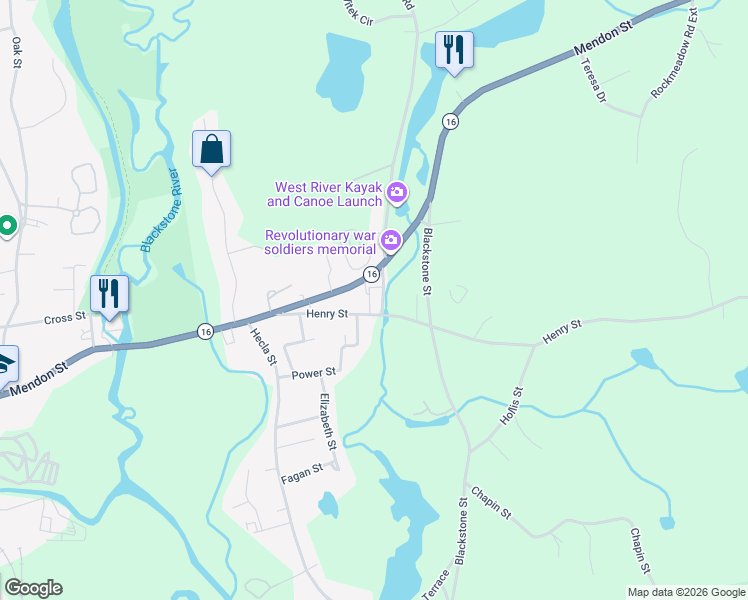 map of restaurants, bars, coffee shops, grocery stores, and more near 68 Henry Street in Uxbridge