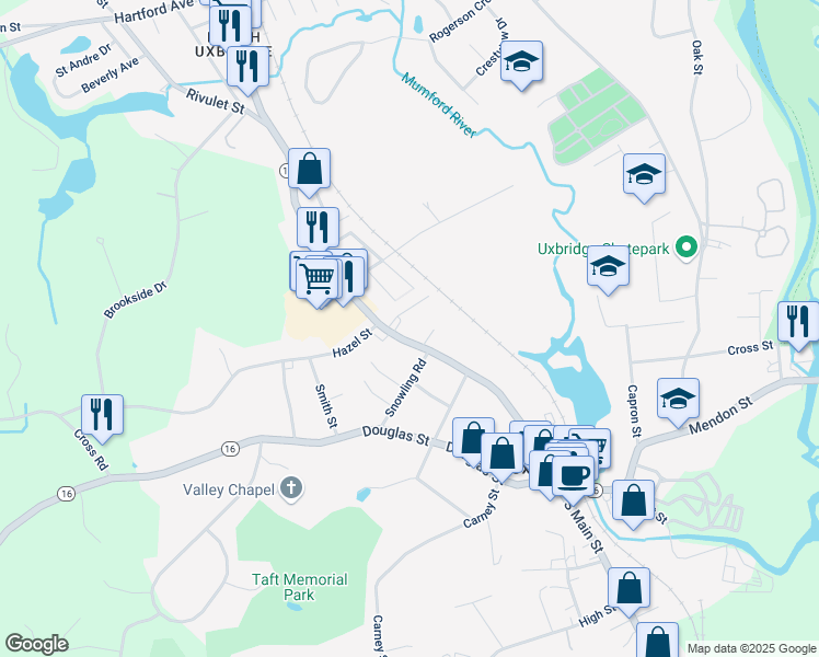 map of restaurants, bars, coffee shops, grocery stores, and more near 113 North Main Street in Uxbridge